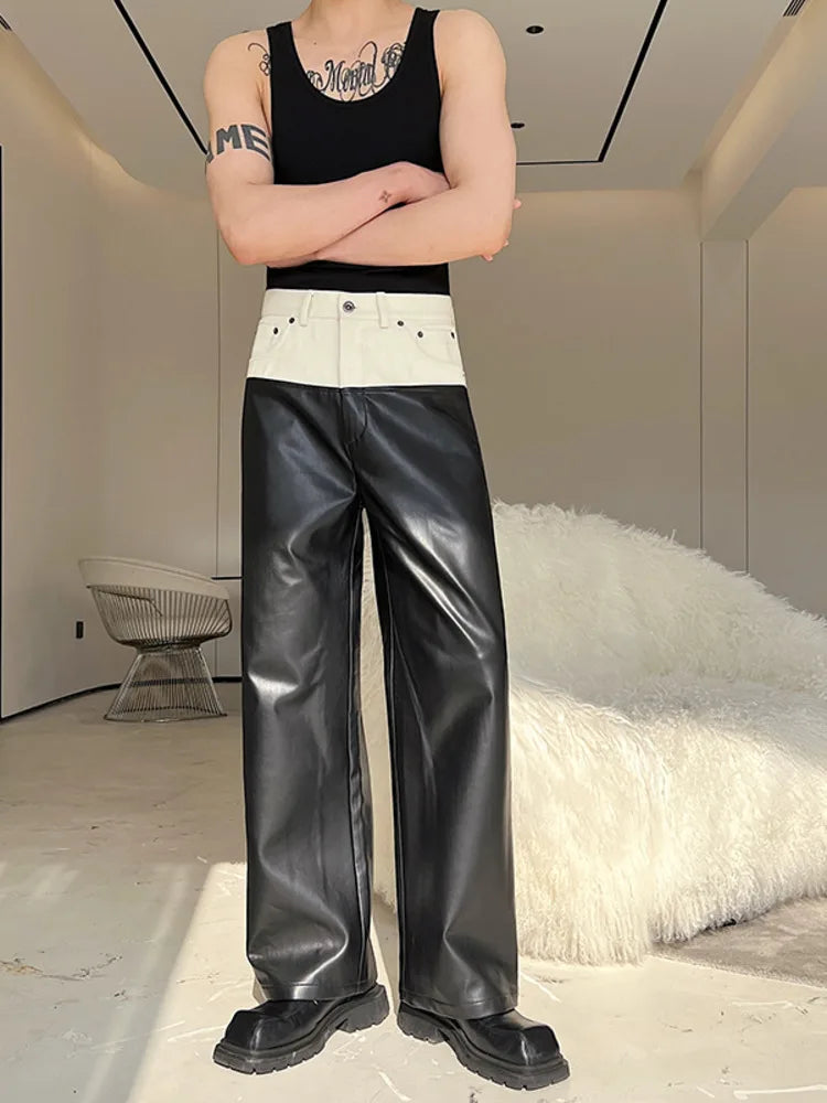 Wjczt  Designer Denim Matching PU Leather Color Contrast Versatile Straight Pants 2025 Spring Wide Leg Trousers High Street Trousers cozy soft Trousers cozy soft