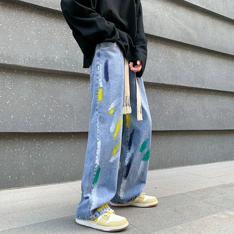 Wjczt  Male Cowboy Pants Large Size Trousers Wide Leg Straight Jeans for Men Hip Hop Graffiti Y2k Vintage Kpop 2025 Korean Autumn Xs Trousers practical easy-care Trousers practical easy-care