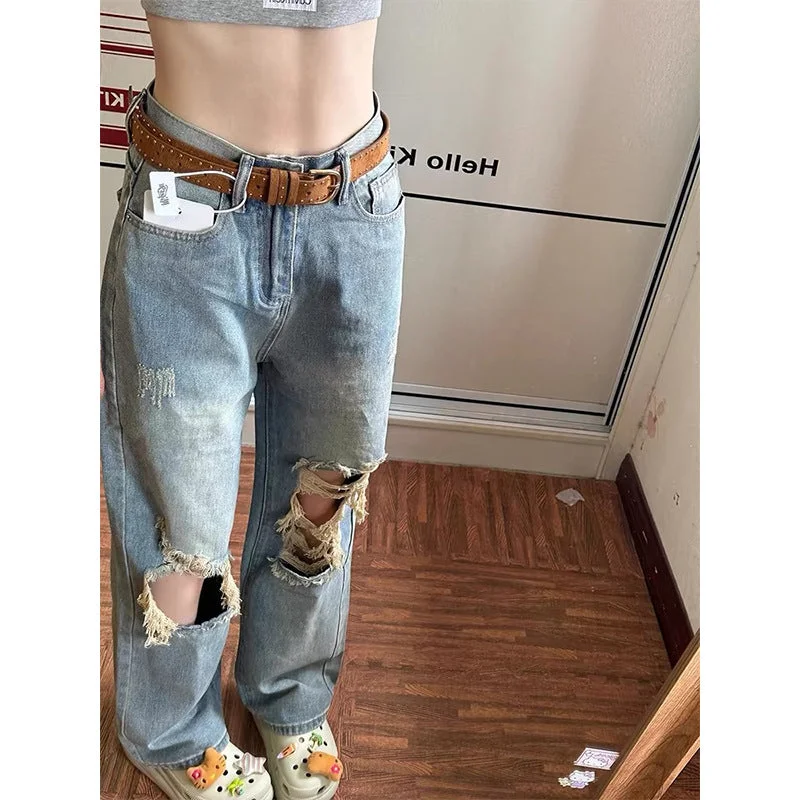 Wjczt cowgirl outfits American Retro Distressed Ripped Jeans Women's Autumn 2024 High Waist Loose Slimming Straight Wide Leg Trousers Trousers chic elegant Trousers chic elegant