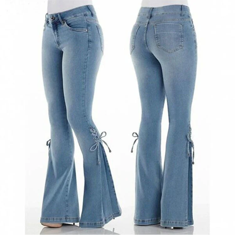 Wjczt 2000s dti Women's Jeans Mid-Waist Lace-up Denim Trousers Stretch Jeans Women's Flared Pants Trousers luxurious premium Trousers luxurious premium