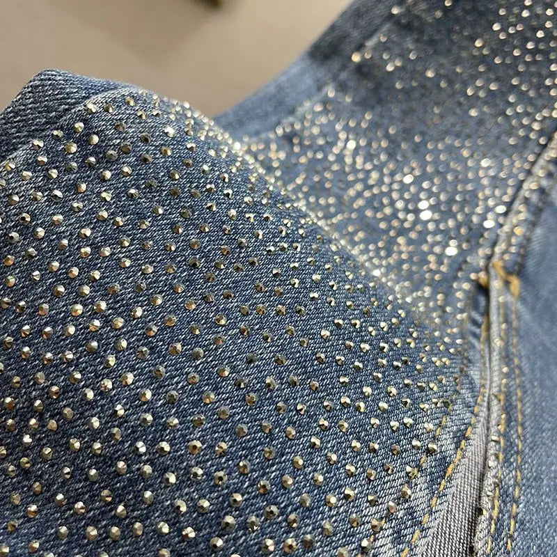 Wjczt Women's Fashionable Jeans 2024 New High Waist Slim Fit Slimming European Goods Rhinestone Split Bootcut Trousers Trousers Trousers Bridal Satin Trousers Bridal Satin