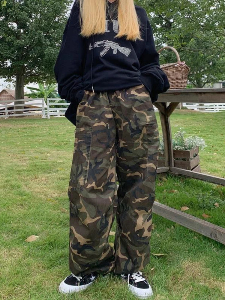 Wjczt Camouflage Cargo Pants Sweatpants Women Wide Leg Y2k Vintage Army Pants Baggy Korean Streetwear Hip Hop Trousers Joggers Trousers Lace Delicate Trousers Lace Delicate