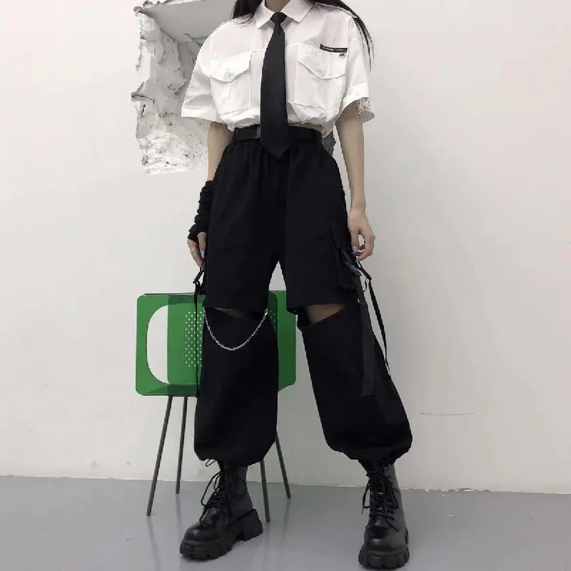 Wjczt Gothic Streetwear Women's Cargo Pants with Chain Punk Techwear Black Oversize Korean Fashion Wide Leg Trousers Alt Chinos Cotton Straight Leg Chinos Cotton Straight Leg