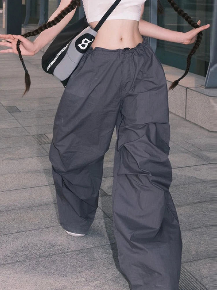 Wjczt Gray Parachute Pants Women Oversized Y2k Joggers Wide Sports Trousers Gorpcore Streetwear Female Baggy Cargo Sweatpants Trousers Party Sparkling Trousers Party Sparkling
