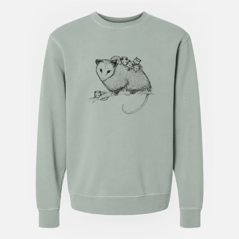 Mama Opossum with Babies - Unisex Pigment Dyed Crew Sweatshirt Hoodie with Thumb Holes Functional Cozy Hoodie with Thumb Holes Functional Cozy