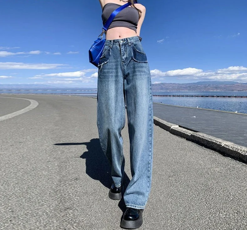Wjczt High Waist Loose Woman Jeans Casual Retro Wide Leg Pants Women Long Trousers 2022 Spring Autumn Femme Blue Denim Pants Skinny Trousers Denim Stretchy Skinny Trousers Denim Stretchy
