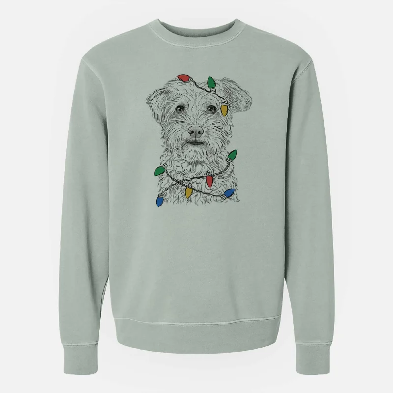 Christmas Lights Rudy the Schnoodle - Unisex Pigment Dyed Crew Sweatshirt Hoodie with Hem Embroidery Detailed Premium Hoodie with Hem Embroidery Detailed Premium