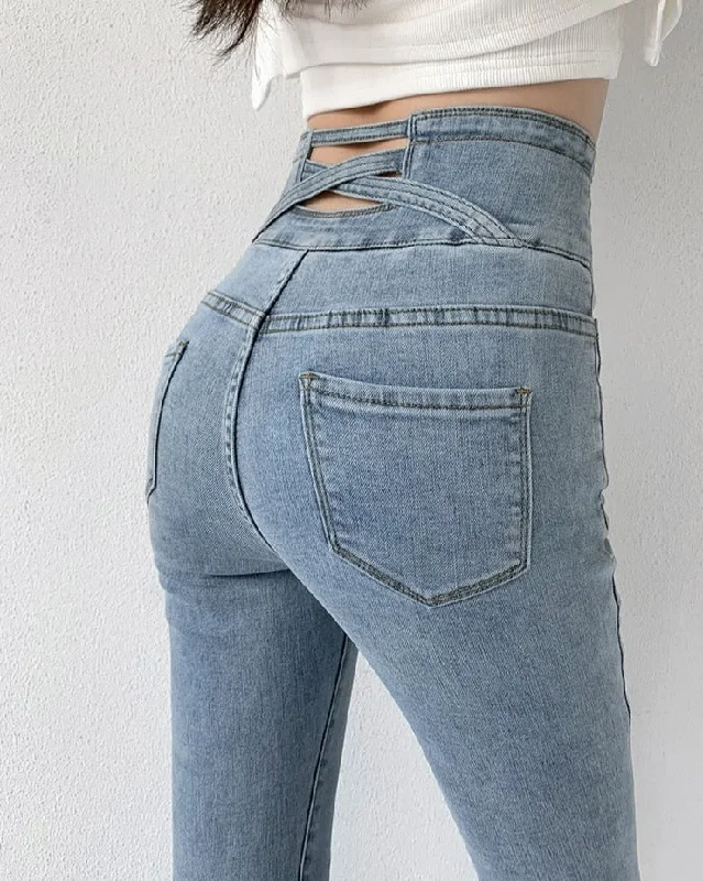 Wjczt Skinny Pencil Jeans Four Buttons Vintage High Waist Women Slim Stretch Denim Pants Tight Trousers 2022 Women's Pants Trousers versatile functional Trousers versatile functional