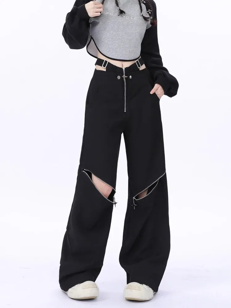Wjczt Y2K Black Cargo Pants Women Baggy Punk Style Zipper Trouser Hip Hop Gyaru Streetwear High Waist Pant Techwear Hollow Out Trousers Mesh Breathable Trousers Mesh Breathable