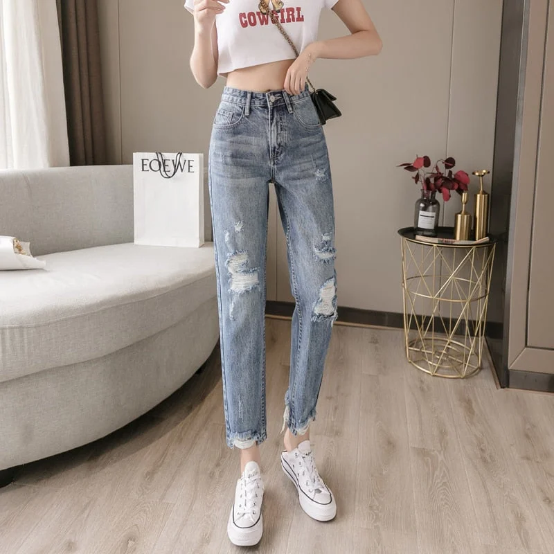 Wjczt 2022 New Lady Spring And Summer Light Blue Pierced Jeans Women'S Fashion Loose Dad Harlan Trousers High Waist Slim 9-Point Pants Trousers Office Stylish Trousers Office Stylish Wjczt 2022 New Lady Spring And Summer Light Blue Pierced Jeans Women'S Fashion Loose Dad Harlan Trousers High Waist Slim 9-Point Pants Trousers Office Stylish Trousers Office Stylish
