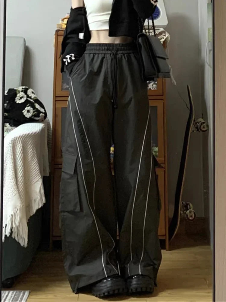 Wjczt Vintage Cargo Track Pants Women Casual Oversized Y2k Sweatpants Trousers Harajuku Baggy Wide Parachute Jogger Streetwear Trousers Leather Faux Trousers Leather Faux