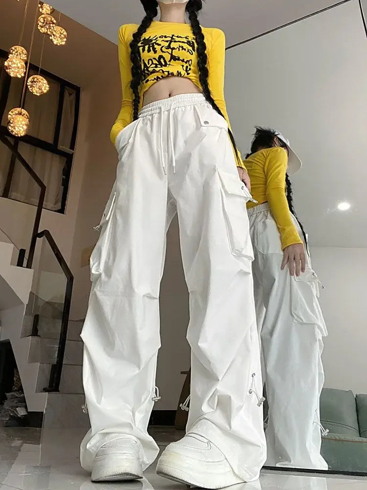 Wjczt White Cargo Parachute Pants Y2k Baggy Kpop Pleated Trousers Hip Hop Style Oversized Korean Streetwear Wide Leg Joggers Trousers Denim Distressed Trousers Denim Distressed