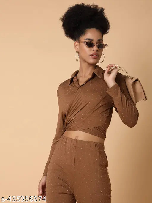 SHOWOFF Women's Embellished Collared Brown Top and Trousers Set Trousers Recommended Stylist Trousers Recommended Stylist SHOWOFF Women's Embellished Collared Brown Top and Trousers Set Trousers Recommended Stylist Trousers Recommended Stylist