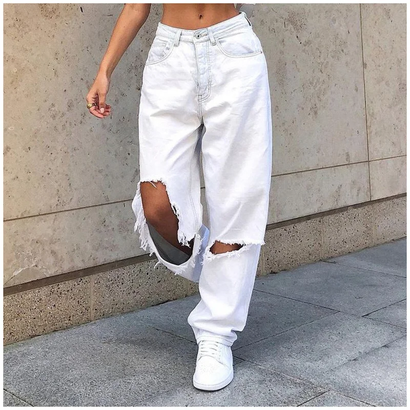 Wjczt - High Waist Women's Jeans Retro Women Wide Leg Pants Trousers Streetwear Holes Ripped Y2K Jean Teen Girls Straight Denim Jeans Trousers fashionable trendy Trousers fashionable trendy