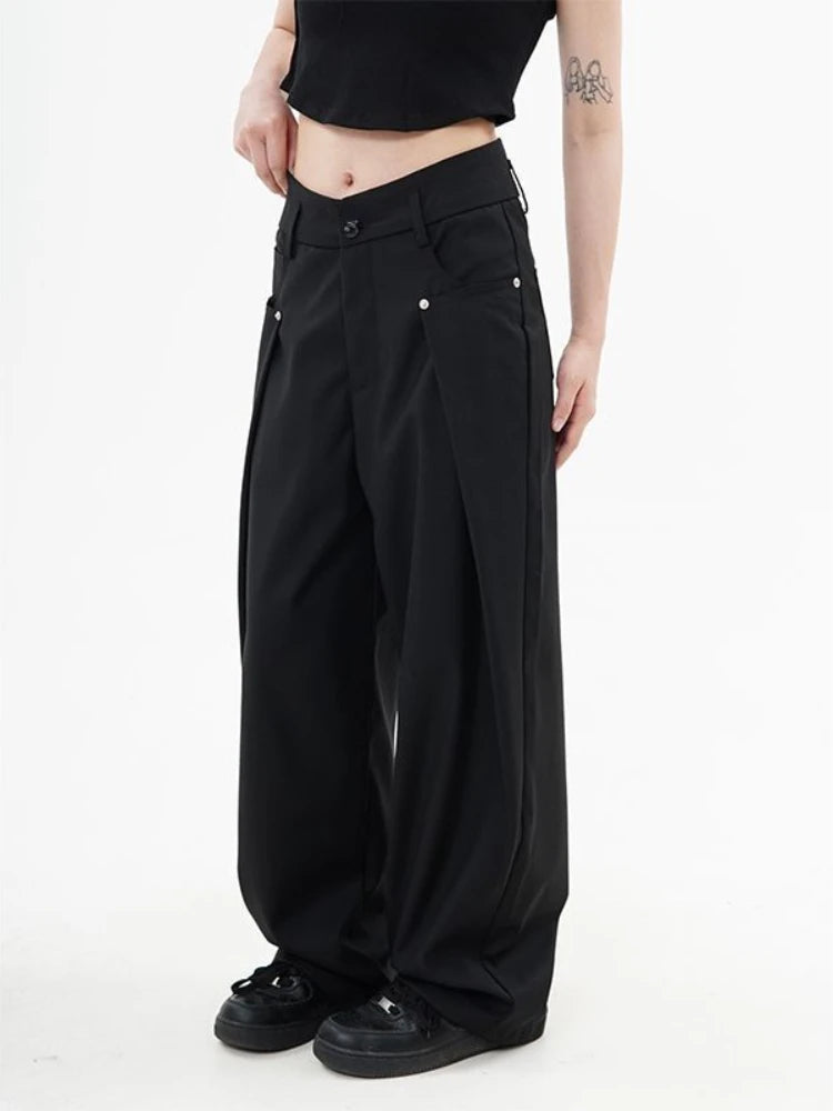 Wjczt Women Wide Leg Suit Pants Gothic Black Aesthetic Pleated Trousers Gray Oversized Y2k Korean Streetwear Harajuku Casual Trousers Canvas Durable Trousers Canvas Durable