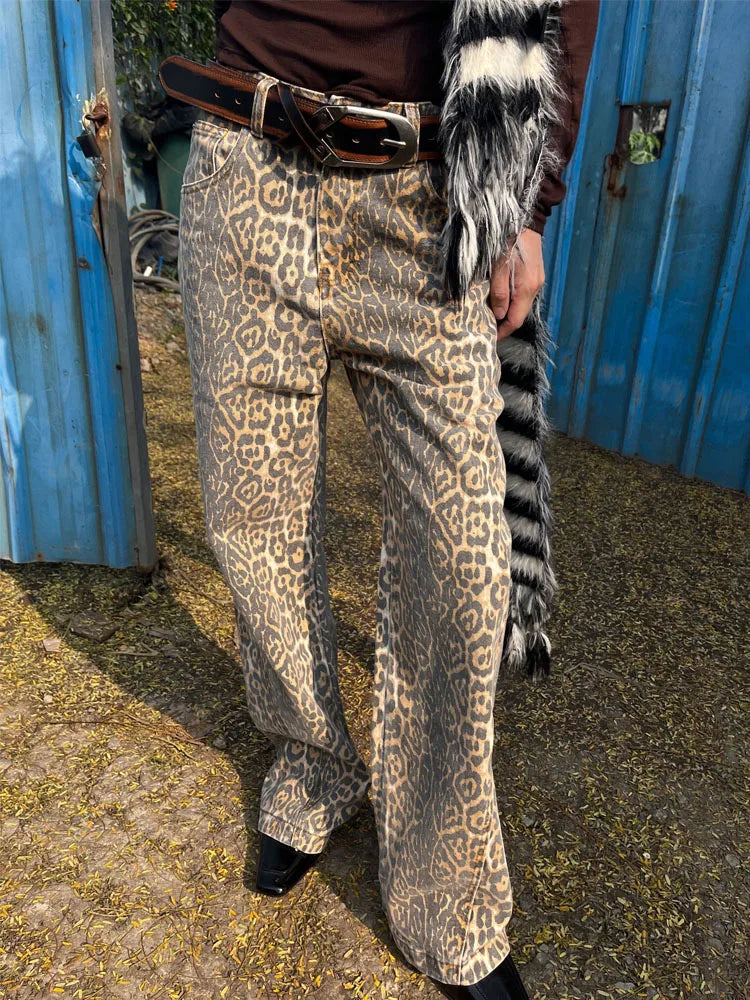 Wjczt Vintage Leopard Print Jeans Baggy Women Hip Hop Streetwear Y2k Denim Trousers Grunge Aesthetic Wide Leg Jeans Oversized Trousers Capri Summer Trousers Capri Summer