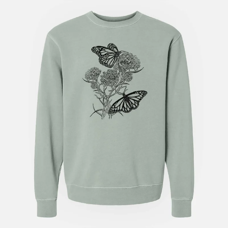Narrowleaf Milkweed with Monarchs - Unisex Pigment Dyed Crew Sweatshirt Zip Hoodie Drawstring Kangaroo Pocket Zip Hoodie Drawstring Kangaroo Pocket