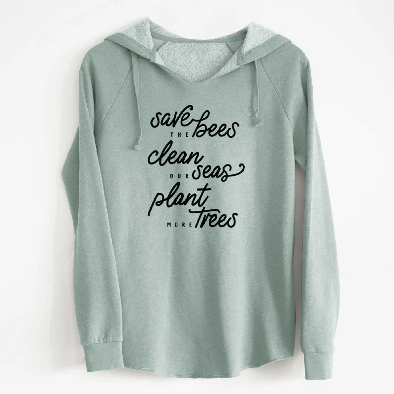 Bees Seas Trees - Typography - Cali Wave Hooded Sweatshirt Hoodie with Side Slits Relaxed Casual Hoodie with Side Slits Relaxed Casual