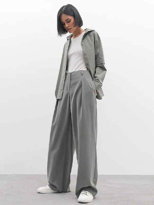 Wjczt Classic Grey Pleated Pants Woman 2022 Vintage Outfit Autumn Baggy Pants Office Trousers Pocket Wide Leg Pants Ladies Trousers Solid Black Trousers Solid Black