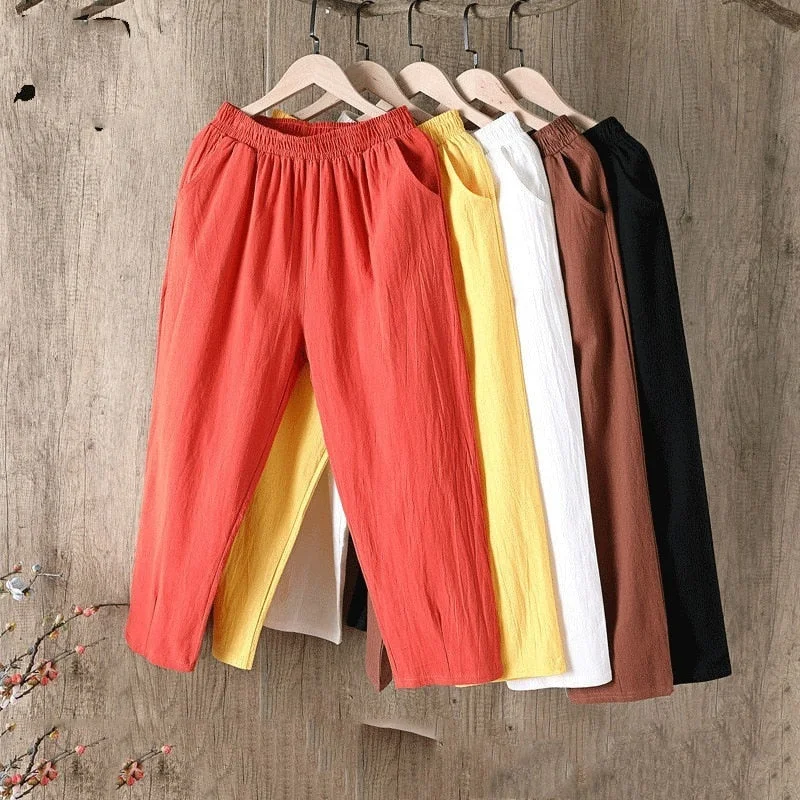 Wjczt Cotton Linen Pants Women Spring Summer Large Size Solid Color Harem Pants Elastic Waist Loose Casual Woman's Linen Trousers Trousers Velvet Soft Trousers Velvet Soft