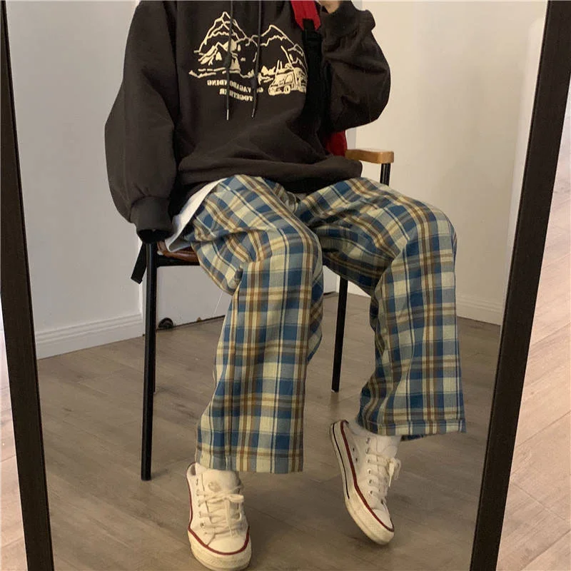 Wjczt Harajuku Plaid Pants Women Oversize Wide Leg Trousers Female Korean Style High Waist Checkered Pajama 2021 Spring Summer Trousers Pleated Formal Trousers Pleated Formal
