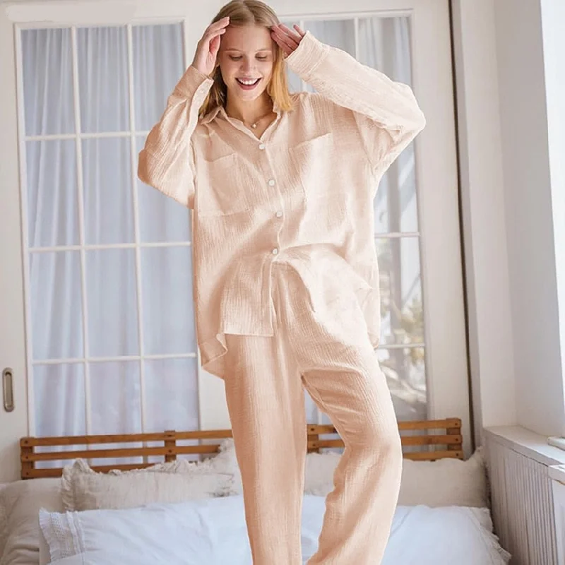 Wjczt Casual Cotton Pajamas For Women Loose Sleepwear Drop Sleeves Home Suit Turn Down Collar Trouser Suits Set Woman 2 Pieces Trousers Silk Elegant Trousers Silk Elegant