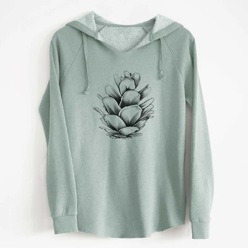 Tsuga heterophylla - Western Hemlock Pine Cone - Cali Wave Hooded Sweatshirt Hoodie with Hem Fringe Bohemian Relaxed Hoodie with Hem Fringe Bohemian Relaxed