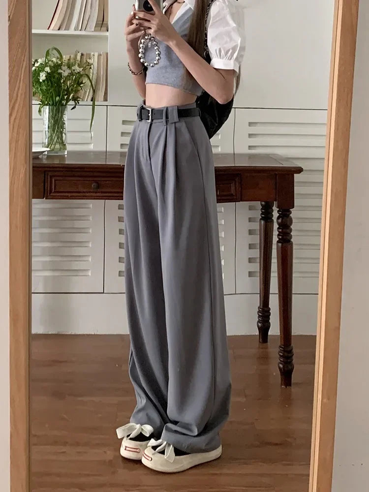 Wjczt Women Wide Leg Suit Pants High Waist Korean Style Pink Y2k Baggy Trousers Casual Gray Pants Office Elegant Ladies Chic Trousers Denim Blue Trousers Denim Blue