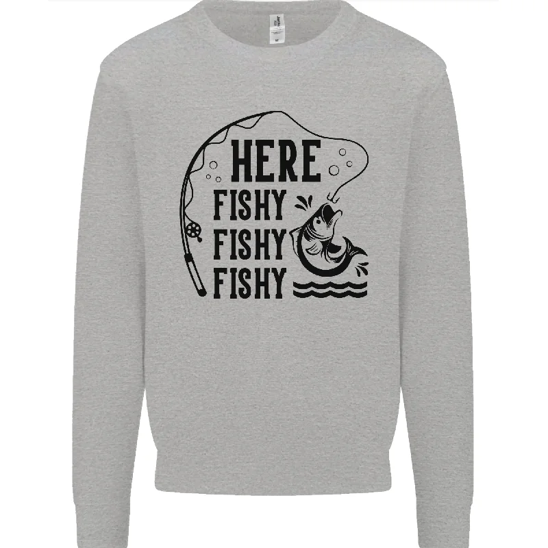 Here Fishy Fishy Funny Fishing Fisherman Mens Sweatshirt Jumper Hoodie with Crew Neck Simple Timeless Hoodie with Crew Neck Simple Timeless