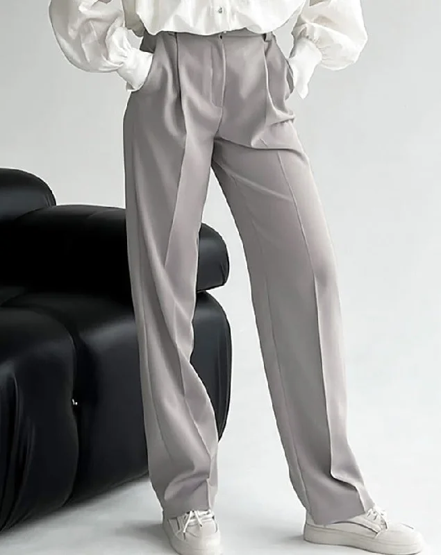 Wjczt Gray Pleated Classic Pants Women Spring Baggy Trousers Casual Zipper Long Pants With Pocket Office Pants Ladies Trousers fashionable chic Trousers fashionable chic