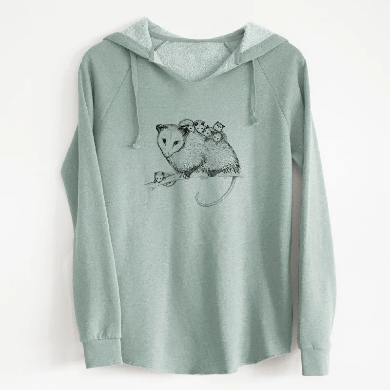 Mama Opossum with Babies - Cali Wave Hooded Sweatshirt Hoodie with Hem Embroidery Detailed Premium Hoodie with Hem Embroidery Detailed Premium