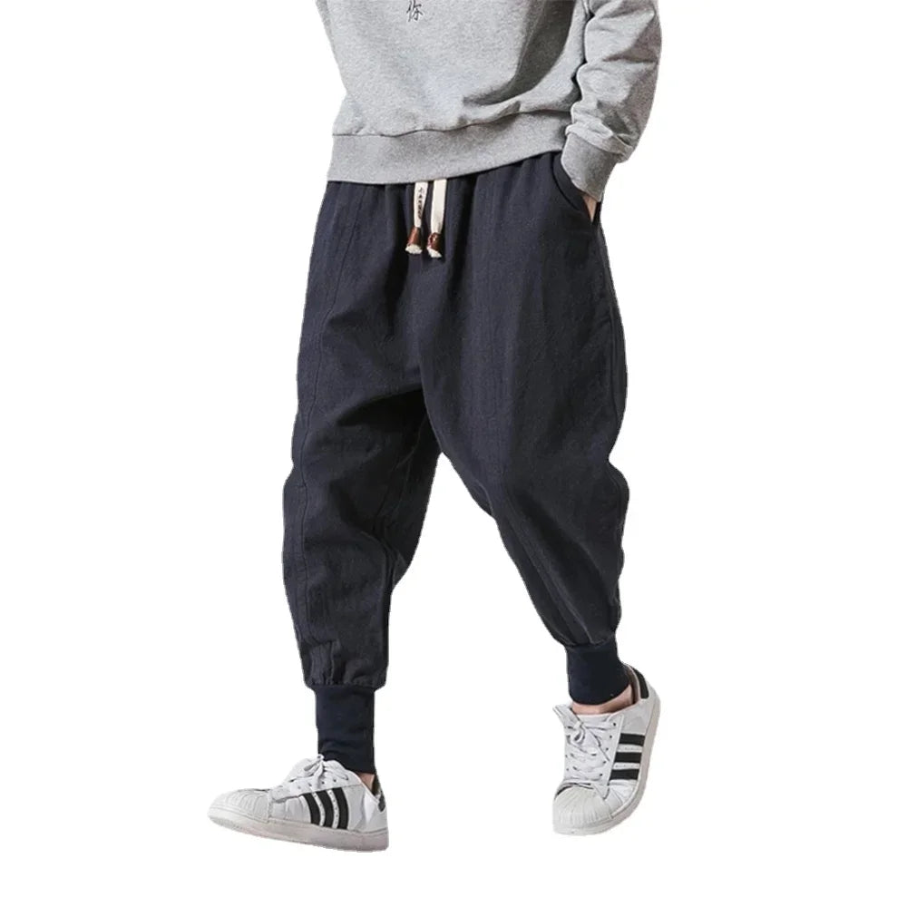Wjczt  Cotton Linen Harem Pants Men Solid Elastic Waist Streetwear Joggers 2025 New Baggy Drop-crotch Pants Casual Trousers Men Trousers Elastic Waist Soft Trousers Elastic Waist Soft