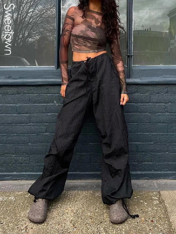 Wjczt Drawstring Low Waist Baggy Sweatpants Casual Loose Hippie Korean Trousers Women Vintage 90s Streetwear Joggers Pants Trousers Plaid Checkered Trousers Plaid Checkered