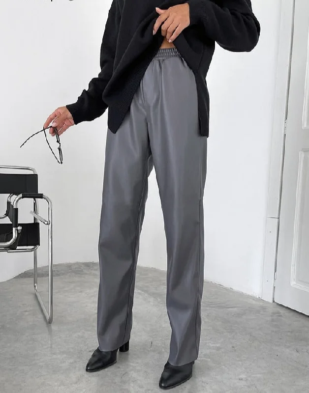 Wjczt Faux Leather Classy Straight Pants Elastic Waist PU Warm Trousers Winter 2022 Office Ladies Plain Floor-Length Pants Trousers Palazzo Wide Leg Trousers Palazzo Wide Leg