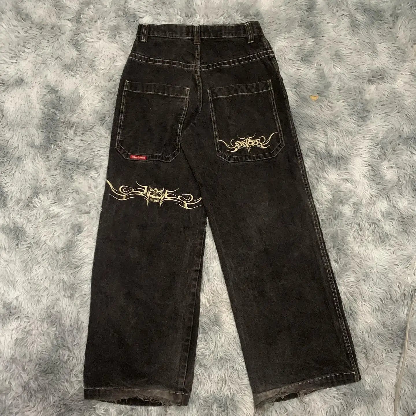Wjczt  Streetwear Y2k Jeans Men Women Hip Hop Graphics Print Baggy Jeans Pocket Vintage Denim Black Pants 2025 New Gothic Wide Trousers Cropped Trousers Casual Linen Cropped Trousers Casual Linen