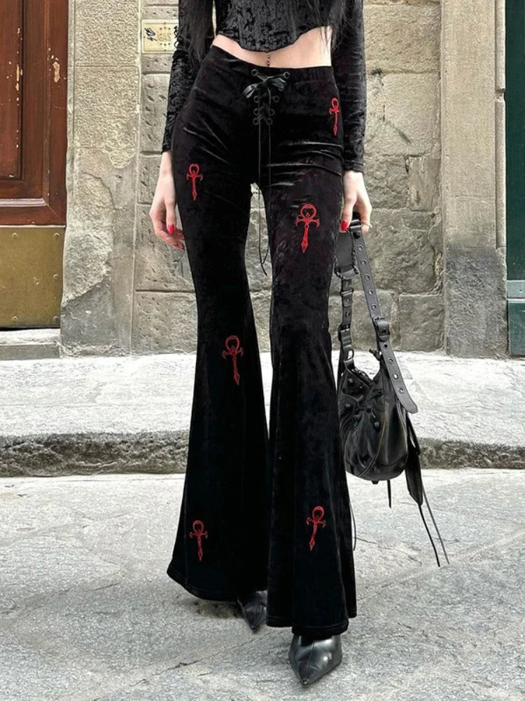 Wjczt  Mall Gothic Velvet Flare Pants Women Streetwear Harajuku Cross Embroidery High Waist Pants Aesthetic Y2k Punk Trousers Trousers chic fashionable Trousers chic fashionable
