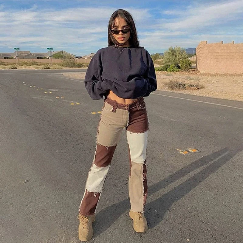 Wjczt Autumn Patchwork High Waist Straight Jeans Woman Pants Casual Denim Trousers Color Block Brown Streetwear Pants Jeans Woman Trousers sophisticated sleek Trousers sophisticated sleek