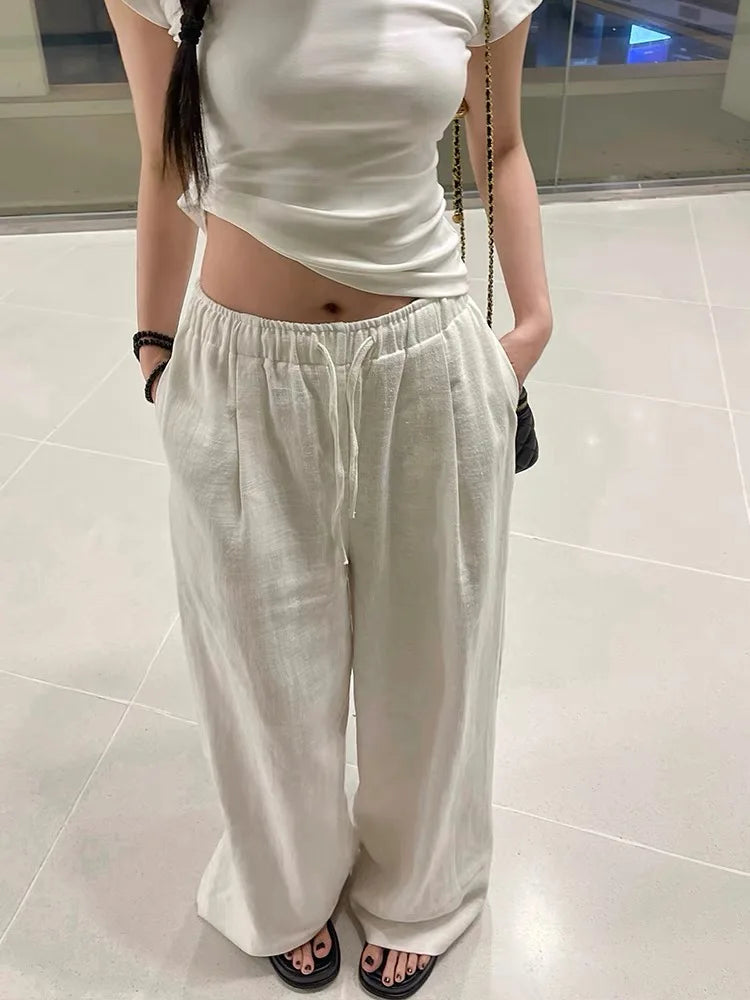 Wjczt Wide Leg White Linen Pants Woman Casual Basic Summer 2024 Oversize Female Straight Trousers Baggy Elastic Waist Pants Trousers Tapered Slim Fit Trousers Tapered Slim Fit