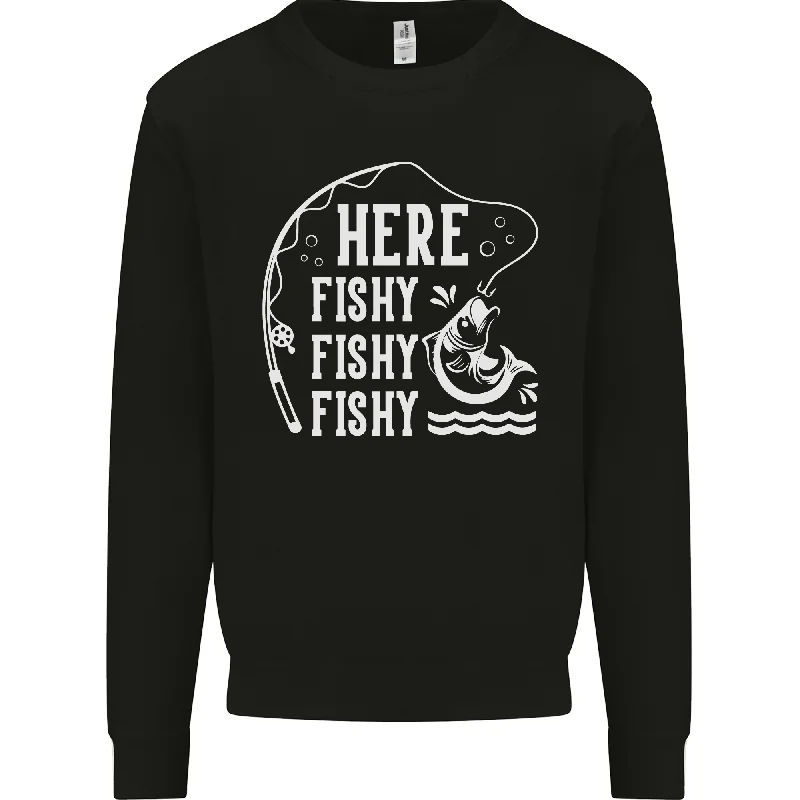 Here Fishy Fishy Funny Fishing Fisherman Mens Sweatshirt Jumper Hoodie with Batwing Sleeves Loose Dramatic Hoodie with Batwing Sleeves Loose Dramatic