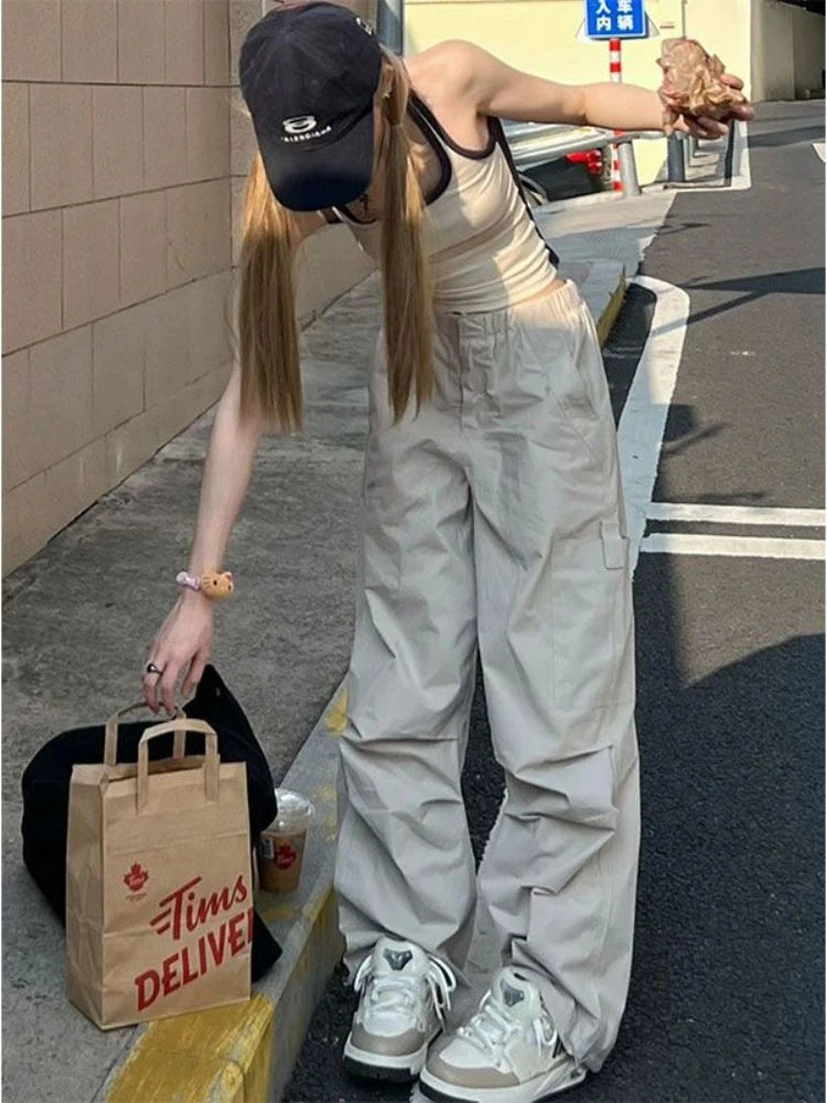 Wjczt  Women Baggy Cargo Pants Y2k Straight Casual Wide Leg Beige Parachute Trousers Female Streetwear Korean Fashion Harajuku Trousers Striped Patterned Trousers Striped Patterned