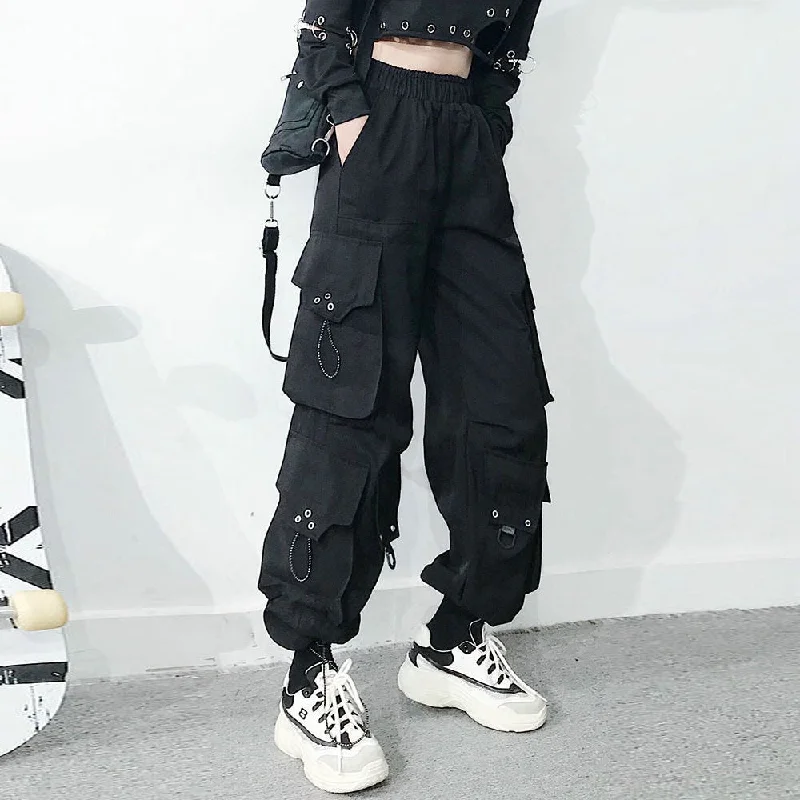 Wjczt Harajuku Black Streetwear Women Casual Pants Punk Harem Pants With Pockets Black Female Long Trousers Ribbon Ladies Pants Cropped Trousers Casual Linen Cropped Trousers Casual Linen
