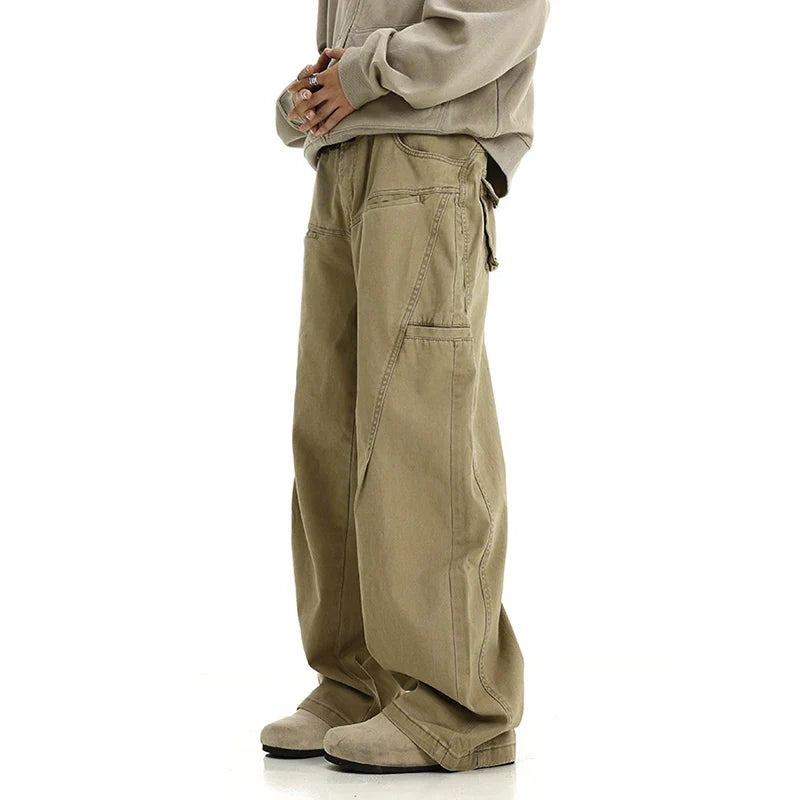 Wjczt  2025 Spring New Casual Mens Straight Pants Hip Hop Loose Solid Color Cargo Trousers For Men Vintage Patchs Pockets Design Pants Trousers Cargo Utility Trousers Cargo Utility