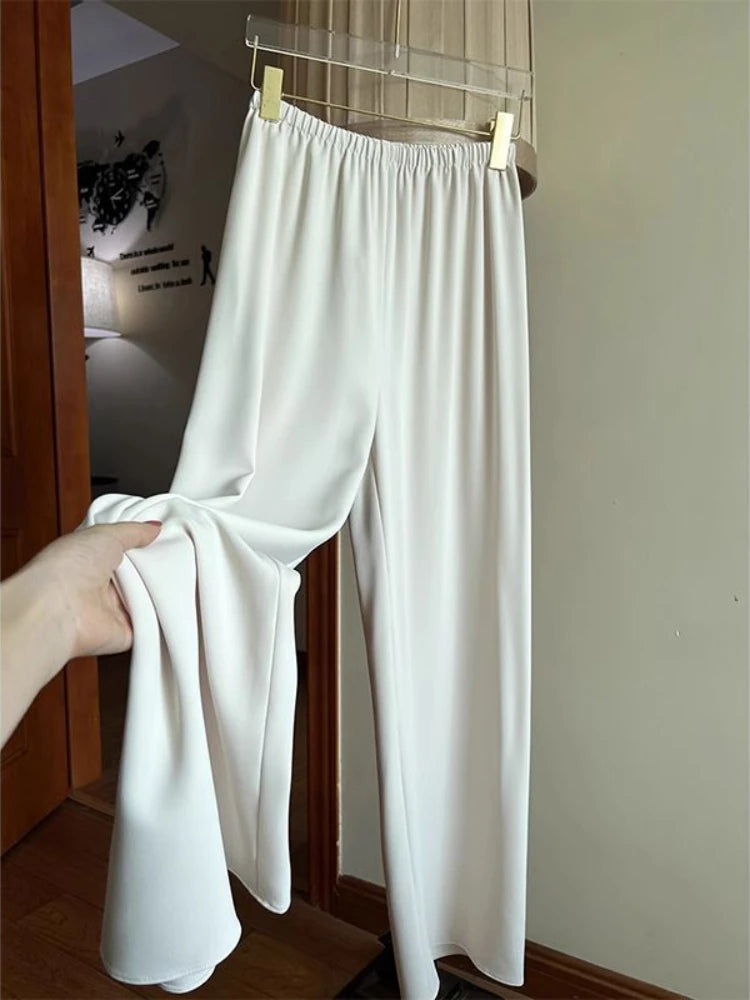 Wjczt Casual Wide Leg Pants for Women Elegant Black Satin Trousers Baggy 2024 New Summer Korean Fashion Elastic Waist Pants Trousers Gym Athletic Trousers Gym Athletic