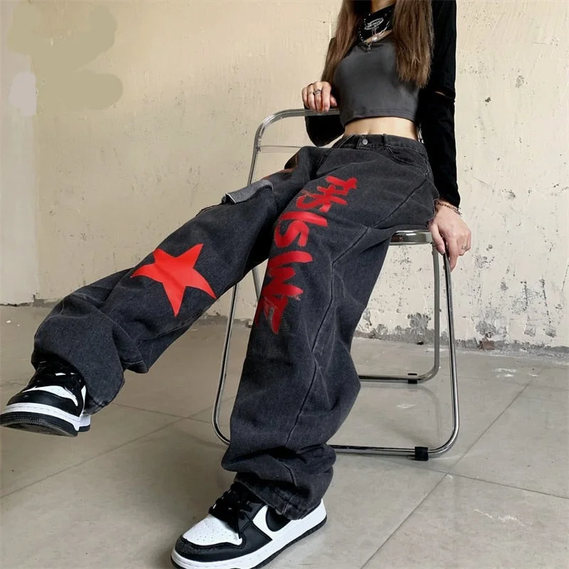Wjczt High Waist Women Ripped Jeans Vintage Streetwear Pentagram Straight Baggy Trouser Fashion Casual New Autumn Wide Leg Denim Pants Trousers cozy soft Trousers cozy soft