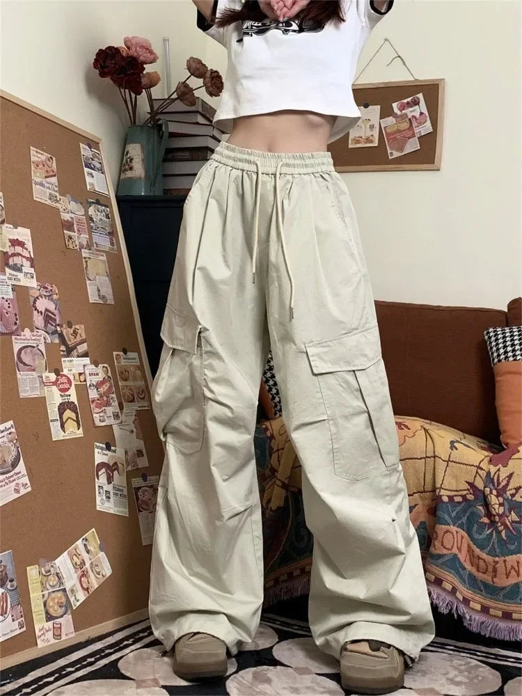 Wjczt Women Cargo Pants Vintage Y2k Oversized Trousers Baggy Korean Streetwear 90s Hippie Beige Pleated Joggers Hip Hop Style Trousers Leisure Comfortable Trousers Leisure Comfortable