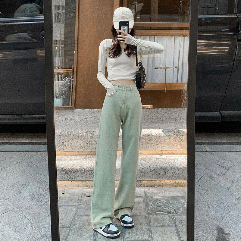 Wjczt Green Women Jeans High Waist Loose Straight Leg Femme Jean 2023 Spring Fashion Y2k Casual Streetwear Female Pants Baggy Trouser Trousers versatile all-occasion Trousers versatile all-occasion