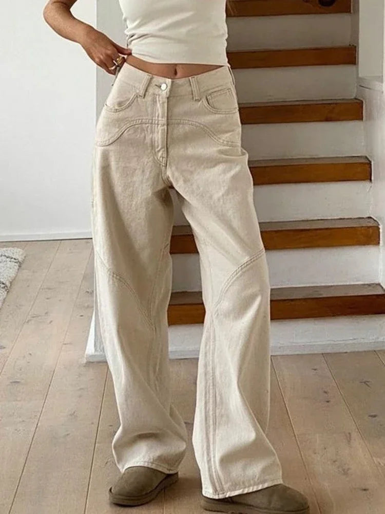 Wjczt Beige Jeans Baggy Women Casual Denim Trousers Vintage High Waist Wide Leg Pants Classic Streetwear Fashion Autumn Ladies Trousers Solid Black Trousers Solid Black