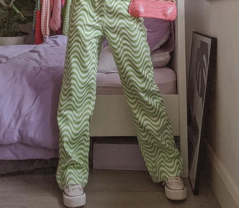 Wjczt Ripple Print Women High Waist Wide Leg Pants Jeans Loose Streetwear Casual Fashion 2021 Summer Clothes Bottoms Trousers Trousers sophisticated sleek Trousers sophisticated sleek