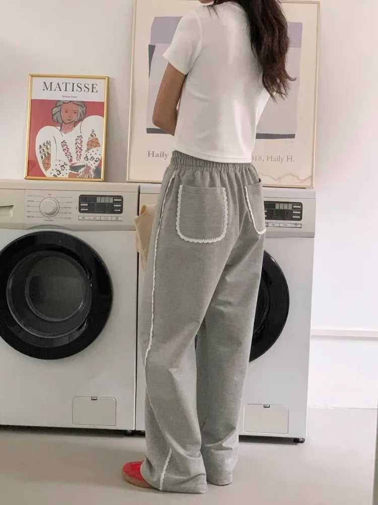 Wjczt Sweet Lace Women Sweatpants Y2k Korean Style Kawaii Wide Leg Trousers Cute Gray Baggy Pants Coquette Japanese Fashion Trousers Trousers Formal Trousers Trousers Formal