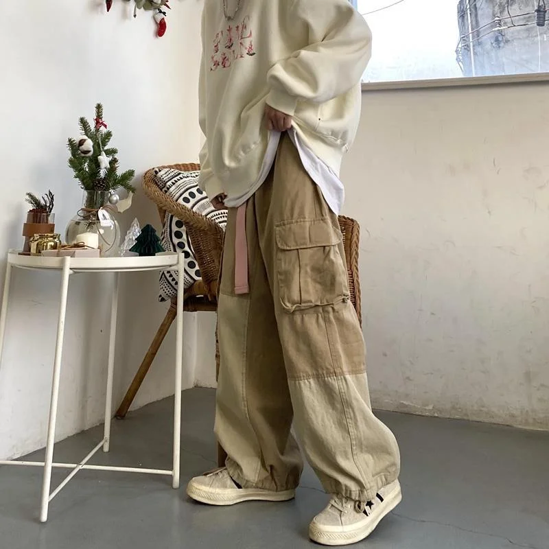 Wjczt Baggy Black Cargo Pants for Men Khaki Cargo Trousers Male Vintage Loose Casual Autumn Japanese Streetwear Hip Hop Retro Trousers Satin Smooth Trousers Satin Smooth